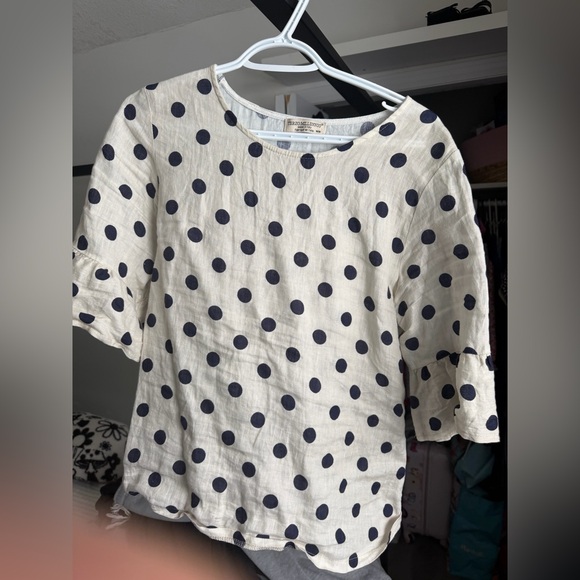 Terzo Millennio Tops - Linen Blouse with Navy Polka Dots